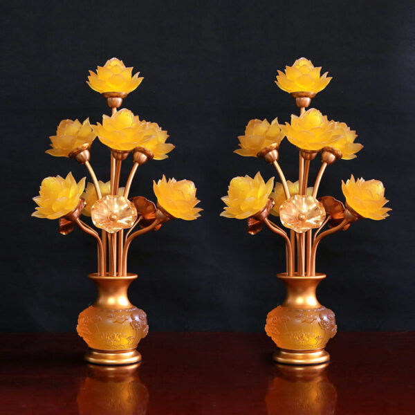 Đôi Đèn Bình Hoa Thịnh Thế Hoa Khai 7 Bông Có Lá Sen, Cao 50cm